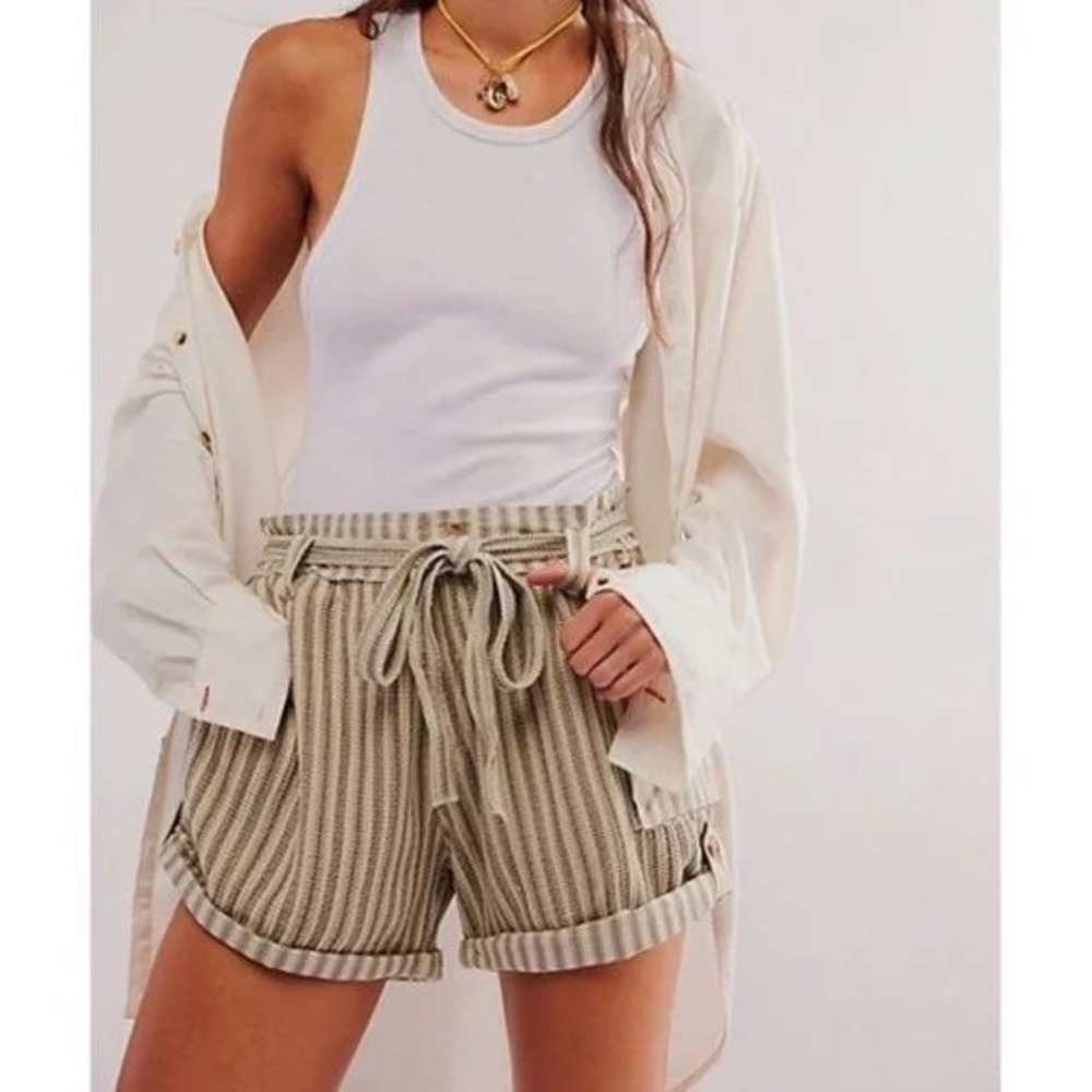 Free People Shorts Women Small Beige FP One Striped Paperbag Waist Boho OB868772